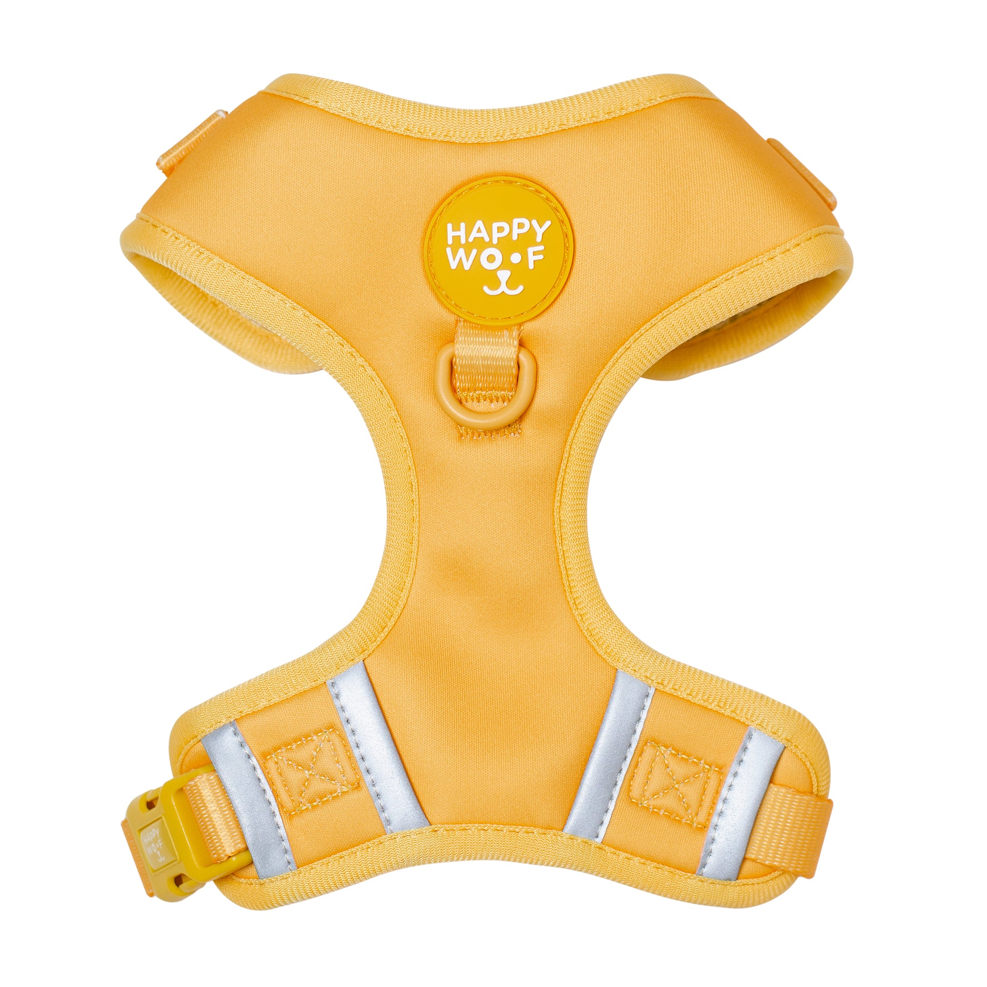     Stylish pastel yellow dog harness with dual D-rings and reflective safety strips for secure walking