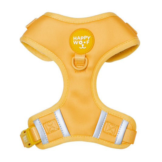     Stylish pastel yellow dog harness with dual D-rings and reflective safety strips for secure walking