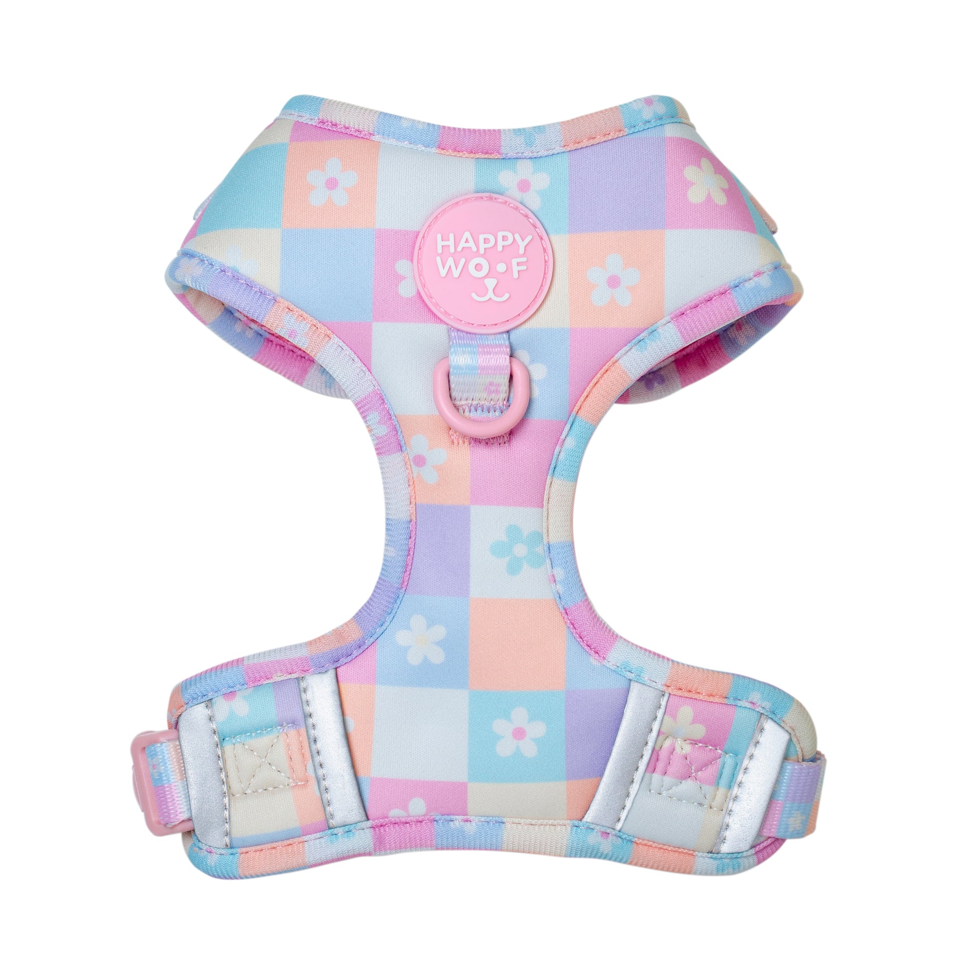 Cute pastel floral dog harness with daisies and checkered pattern for playful everyday walks